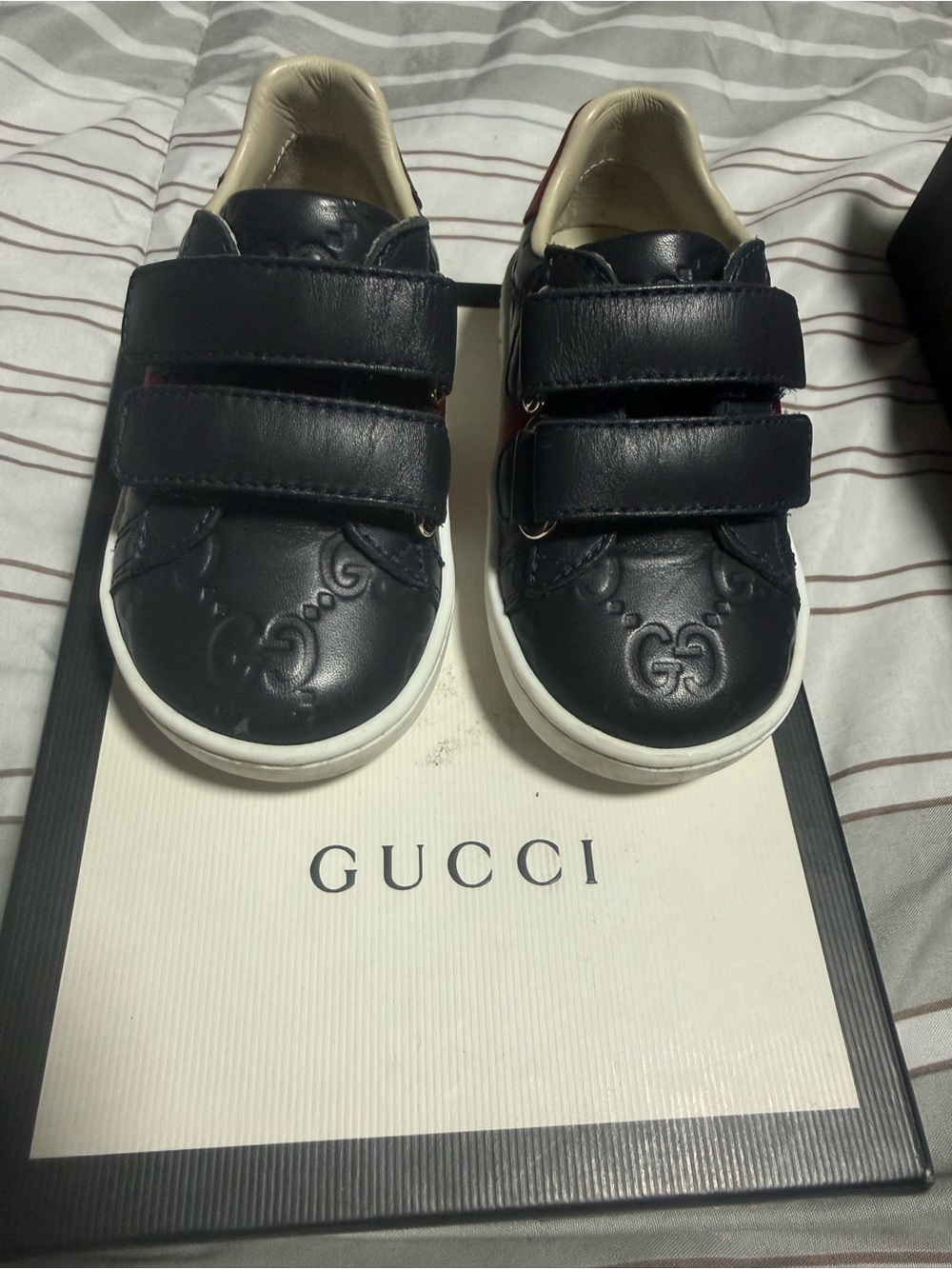 Gucci Kids Navy Leather GG Embossed Velcro Sneakers with White Soles